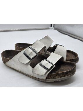 Birkenstock Arizona Sandals Womens Size 8 White Leather Cork Slide Damage Shoes